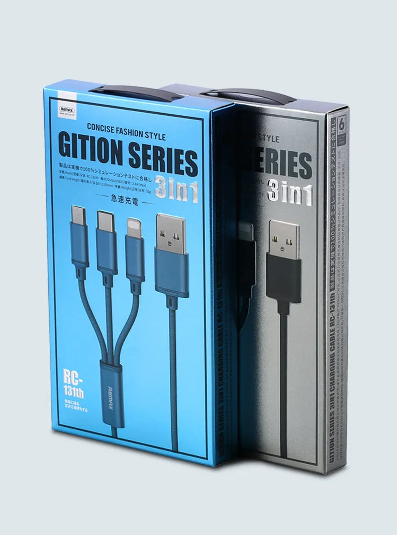 Braided charging cable with USB, Micro USB, and Type-C connectors, 1.15m, black