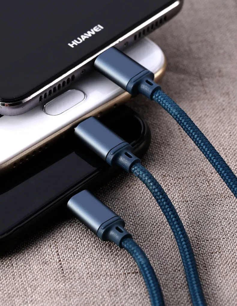 Braided charging cable with USB, Micro USB, and Type-C connectors, 1.15m, black
