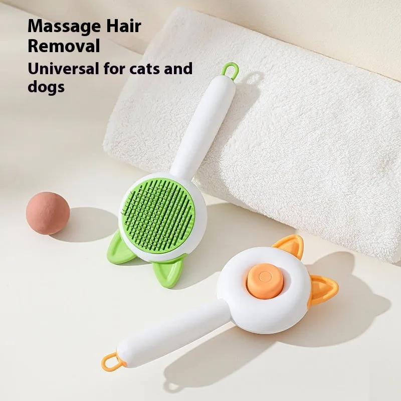 Self-cleaning cat grooming brush with stainless steel tines in greenish white colour