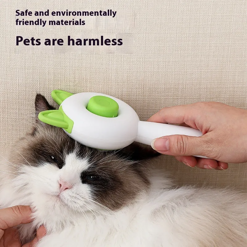 Self-cleaning cat grooming brush with stainless steel tines in greenish white colour
