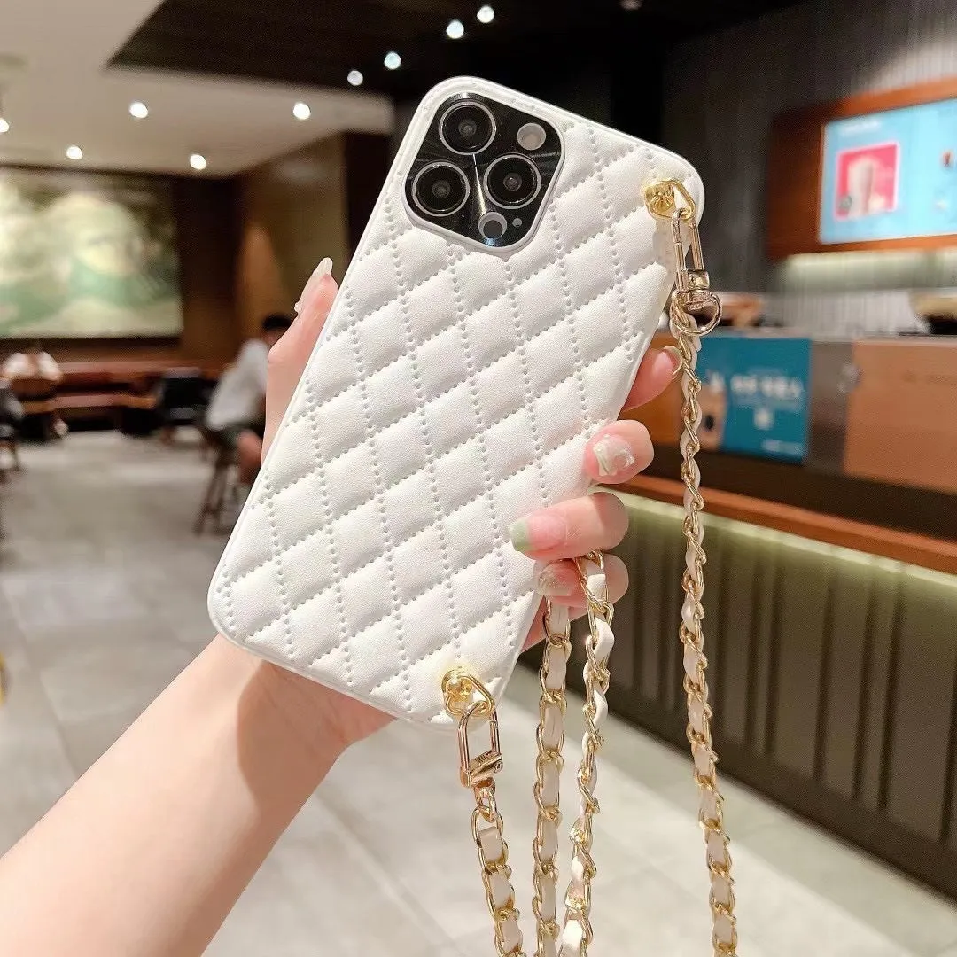 Diamond plaid crossbody phone case in imitation leather for iPhone with chain strap, cream white colour