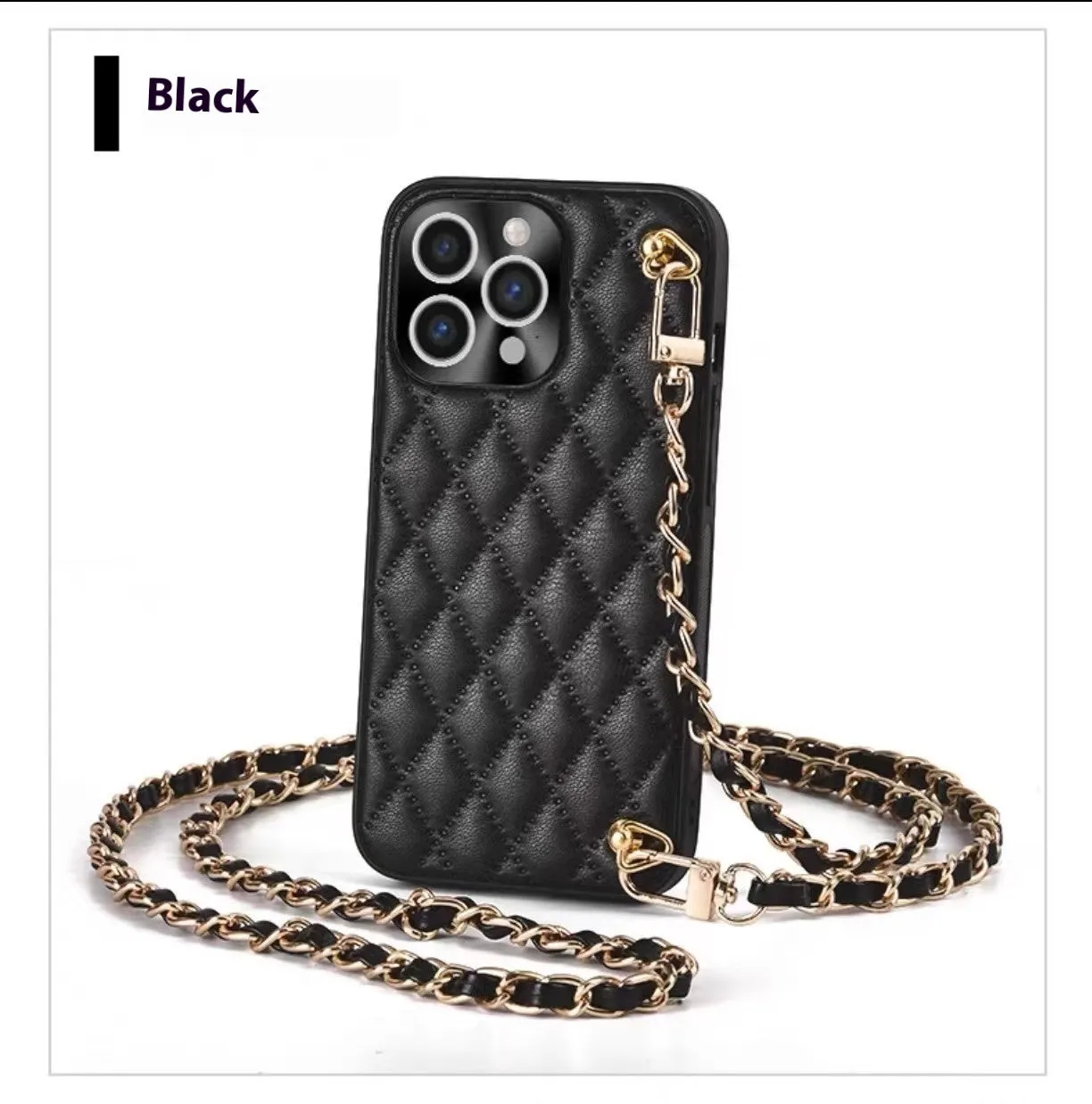 Diamond plaid crossbody phone case in imitation leather for iPhone with chain strap, cream white colour