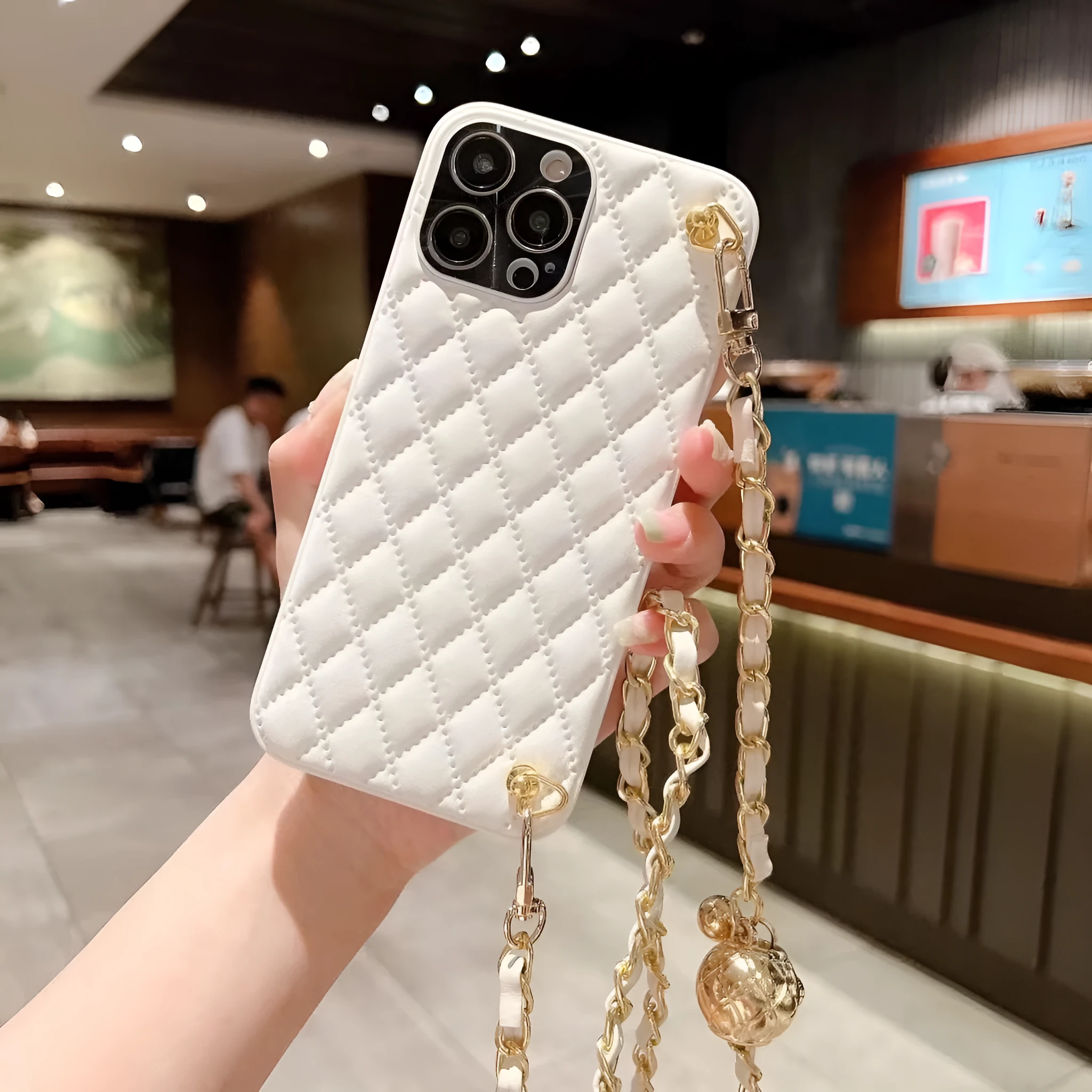 Diamond plaid crossbody phone case in imitation leather for iPhone with chain strap, cream white colour