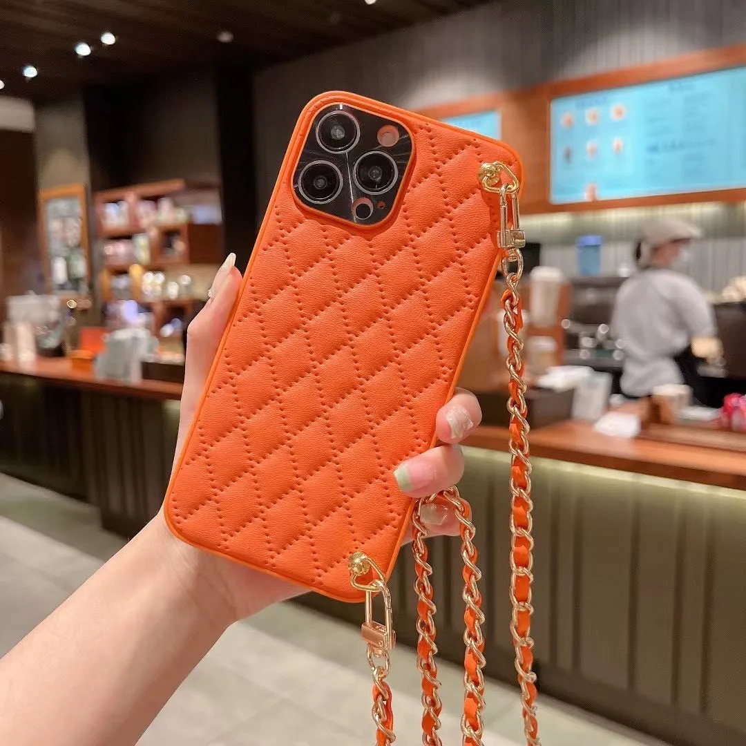 Diamond plaid crossbody phone case in imitation leather for iPhone with chain strap, cream white colour