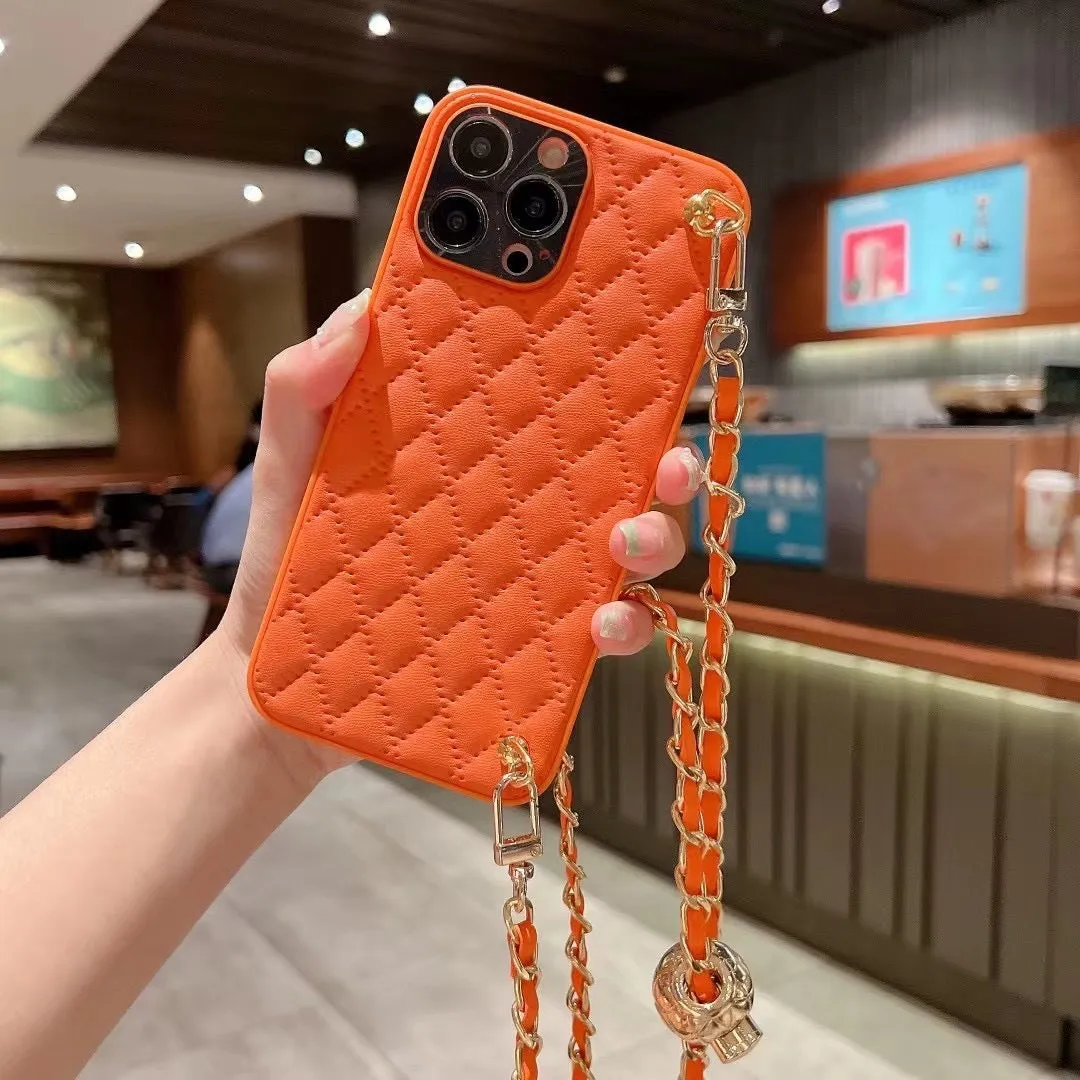 Diamond plaid crossbody phone case in imitation leather for iPhone with chain strap, cream white colour