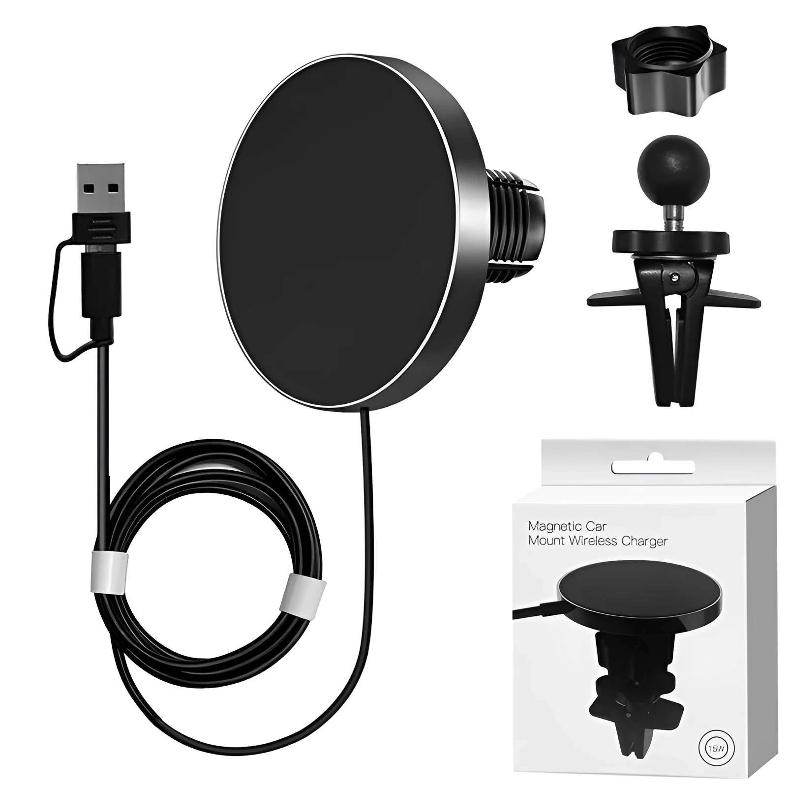 Magnetic car wireless charger 15W black on dashboard with phone attached