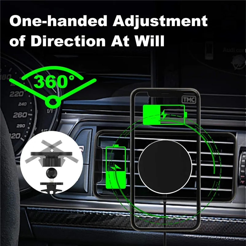 Magnetic car wireless charger 15W black on dashboard with phone attached