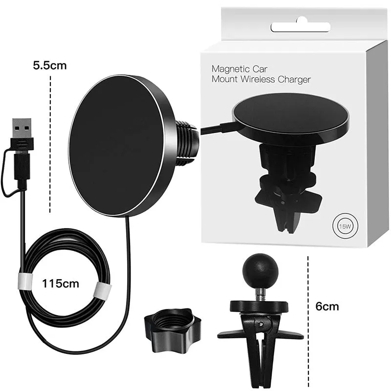 Magnetic car wireless charger 15W black on dashboard with phone attached