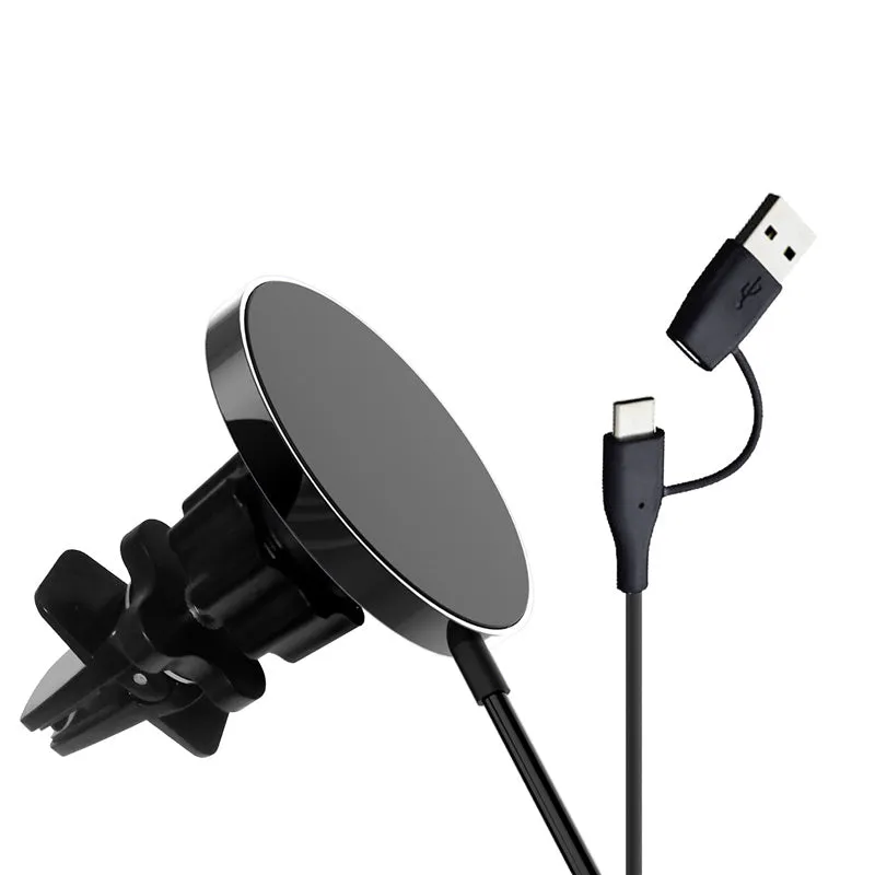 Magnetic car wireless charger 15W black on dashboard with phone attached