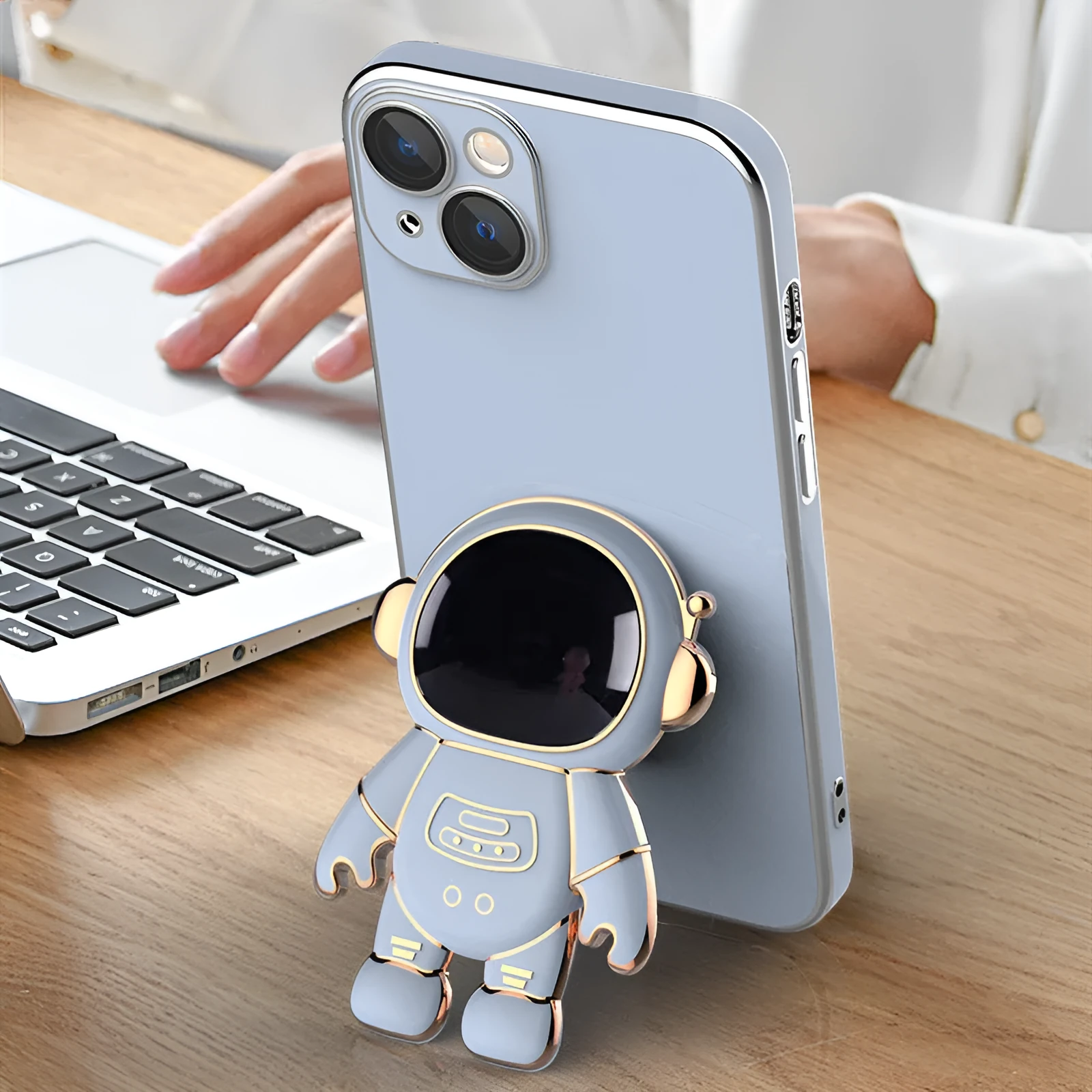 3D astronaut TPU phone case with electroplating bracket for iPhone, in black