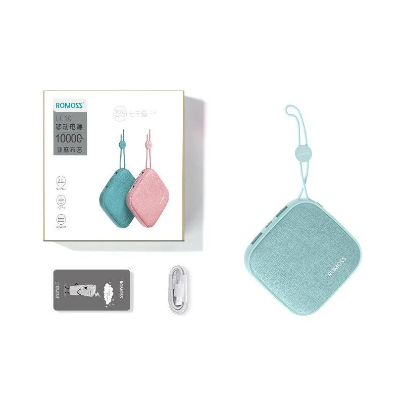 Linen Art mini portable mobile power bank in green with 10000mAh capacity and USB ports