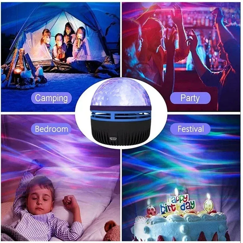 LED star galaxy projector lamp with removable acrylic shade on a table, showing USB cable.