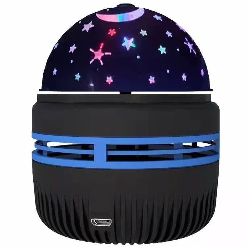 LED star galaxy projector lamp with removable acrylic shade on a table, showing USB cable.