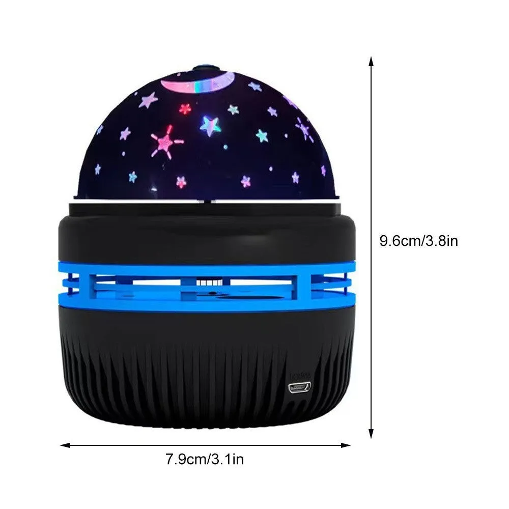 LED star galaxy projector lamp with removable acrylic shade on a table, showing USB cable.