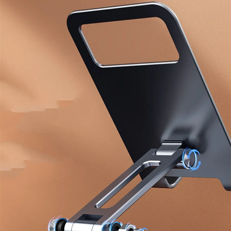 Folding aluminium alloy mobile phone stand in silver on a desktop showing rotary mechanism