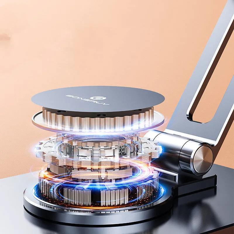 Folding aluminium alloy mobile phone stand in silver on a desktop showing rotary mechanism