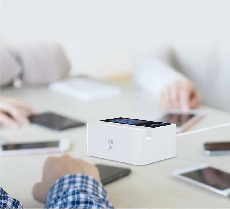 White USB multi-port tablet and smart phone charger with EU UK US plug adapters and 150cm power cord