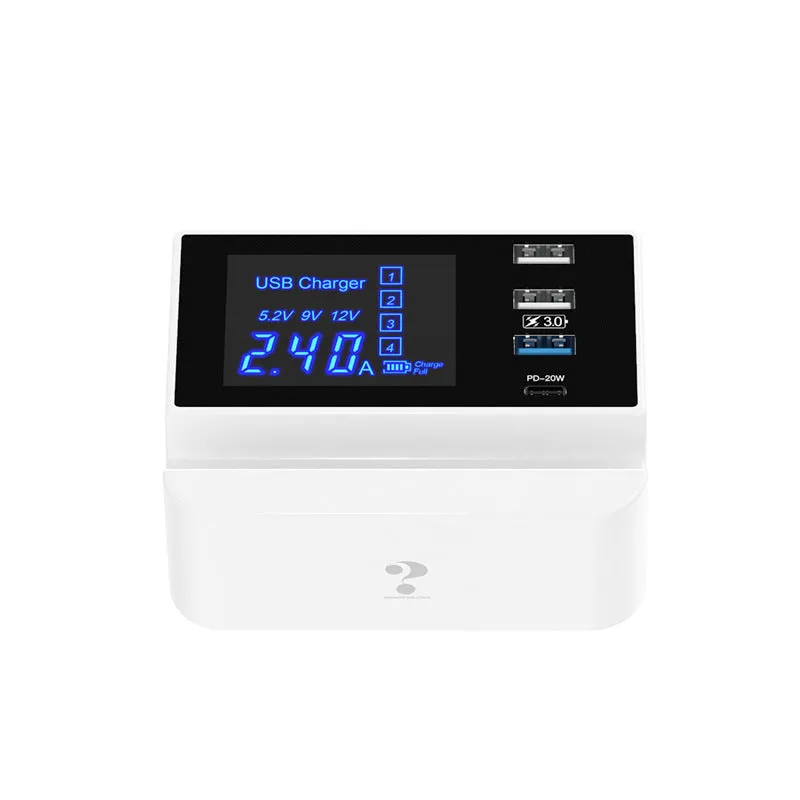 White USB multi-port tablet and smart phone charger with EU UK US plug adapters and 150cm power cord