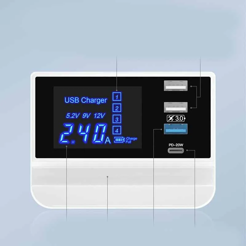 White USB multi-port tablet and smart phone charger with EU UK US plug adapters and 150cm power cord