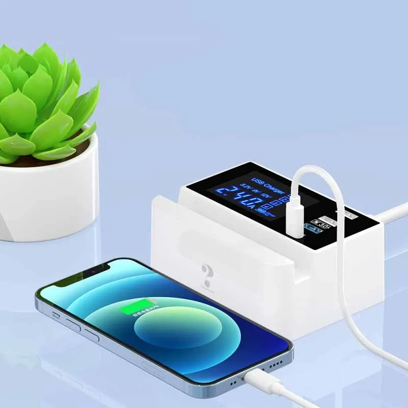 White USB multi-port tablet and smart phone charger with EU UK US plug adapters and 150cm power cord