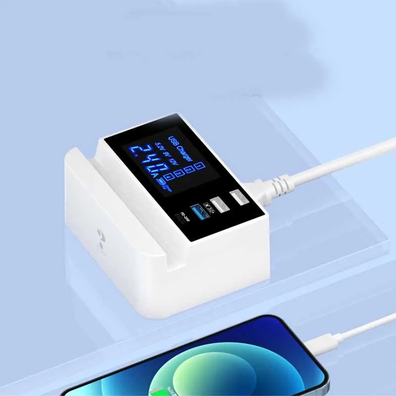 White USB multi-port tablet and smart phone charger with EU UK US plug adapters and 150cm power cord