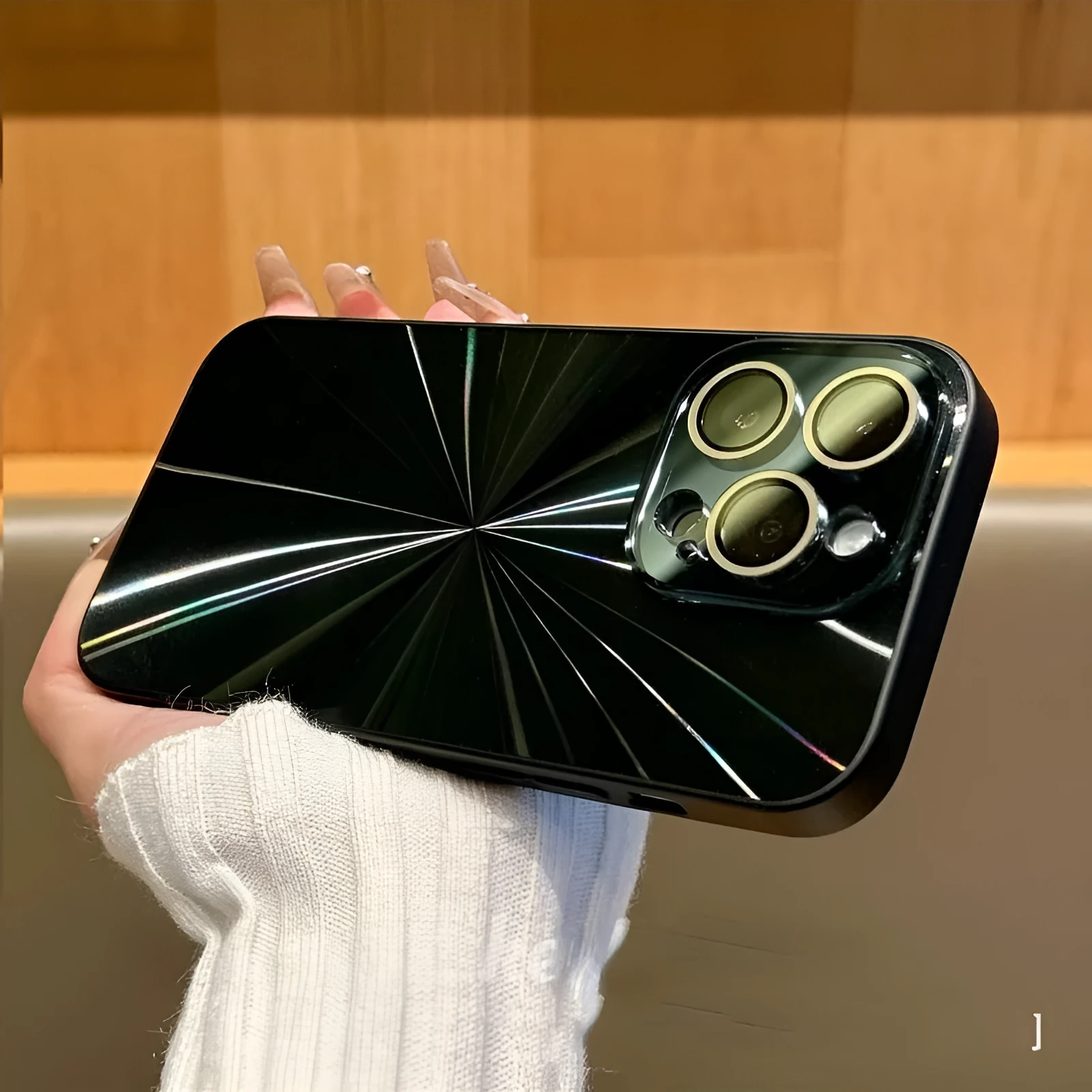 Colourful CD pattern TPU phone case with lens protector for iPhone 15 in purple, showing frosted back and precise cutouts.