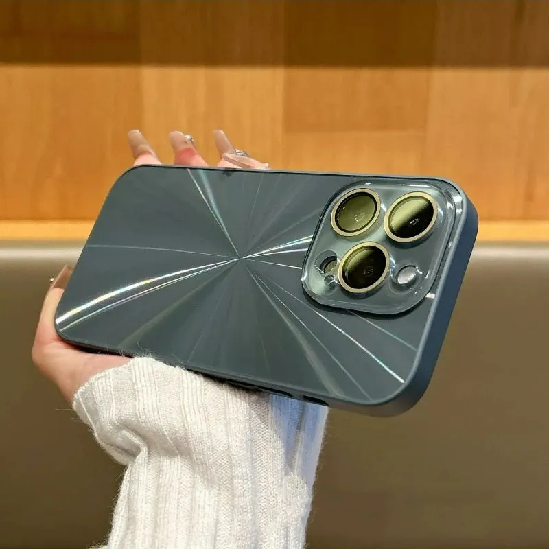 Colourful CD pattern TPU phone case with lens protector for iPhone 15 in purple, showing frosted back and precise cutouts.
