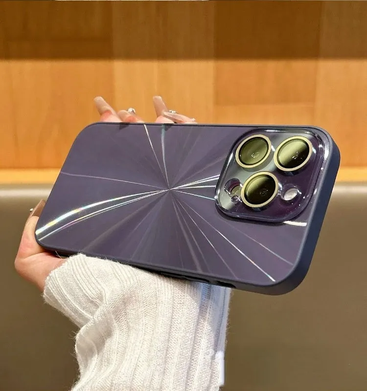 Colourful CD pattern TPU phone case with lens protector for iPhone 15 in purple, showing frosted back and precise cutouts.
