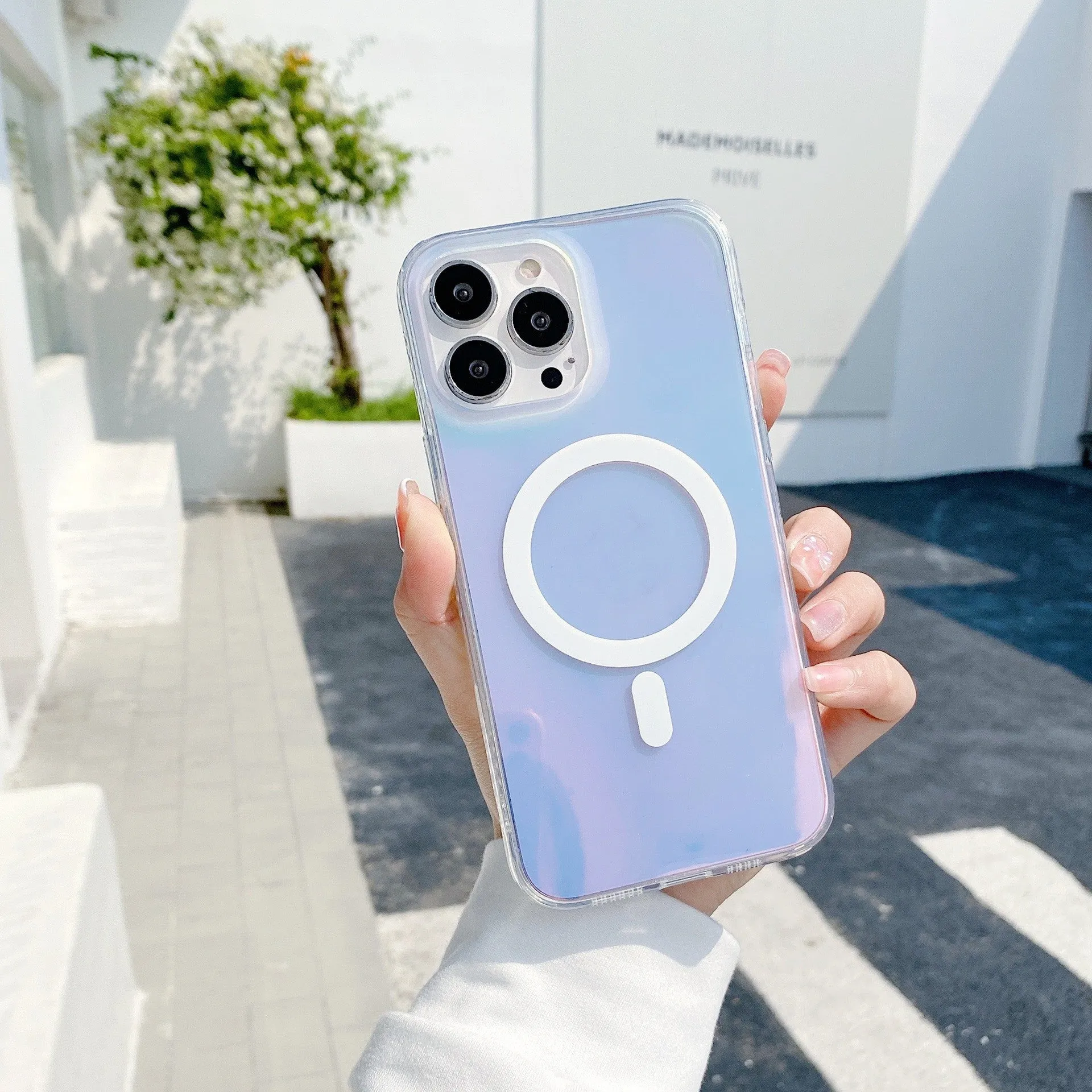 Transparent frosted magnetic back case for iPhone 14 Pro Max with visible camera cutout and shiny laser pattern