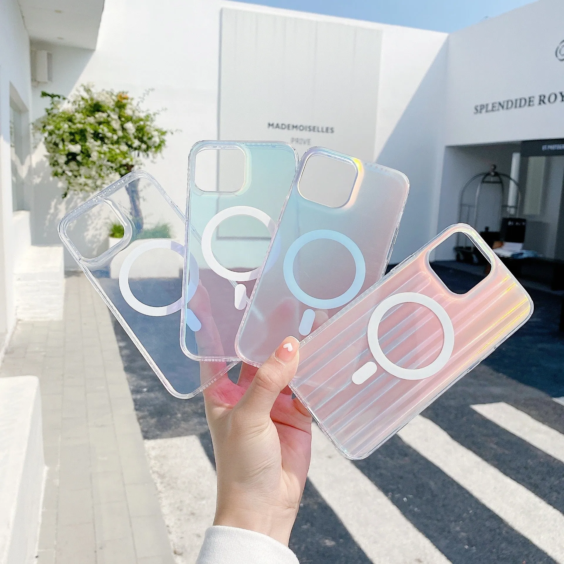 Transparent frosted magnetic back case for iPhone 14 Pro Max with visible camera cutout and shiny laser pattern