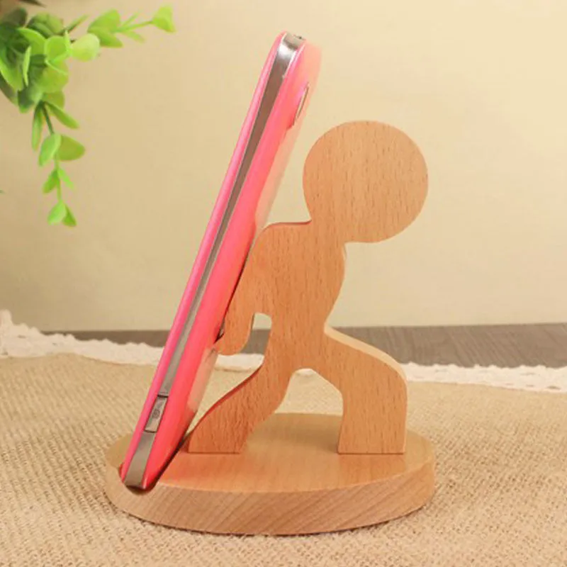 A decorative beech wood and resin mobile phone holder stand featuring themed designs like animals and zodiac signs.