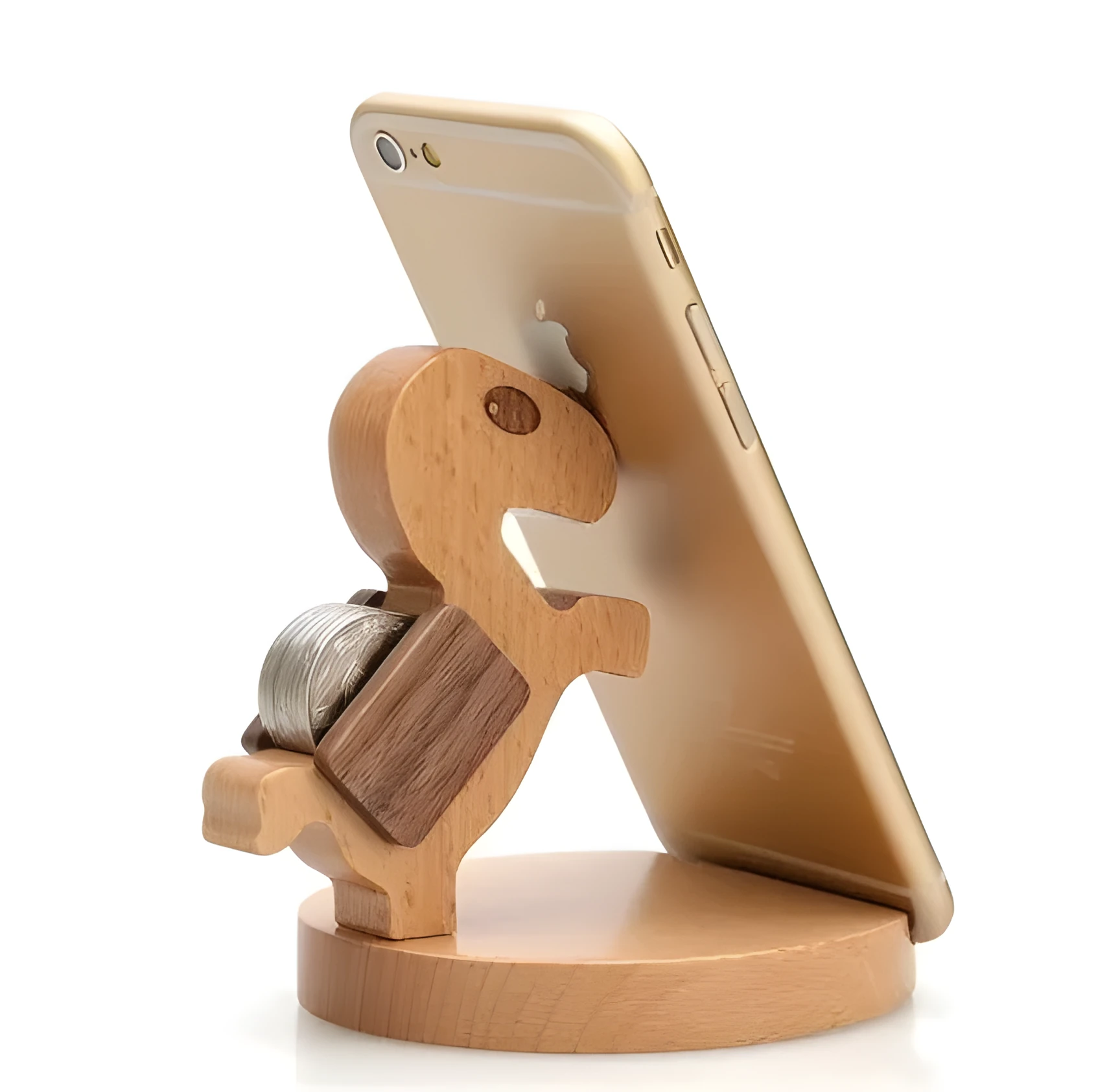 A decorative beech wood and resin mobile phone holder stand featuring themed designs like animals and zodiac signs.