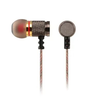 Brown in-ear headphones with metal subwoofer housing and L-bend 3.5mm plug on white background