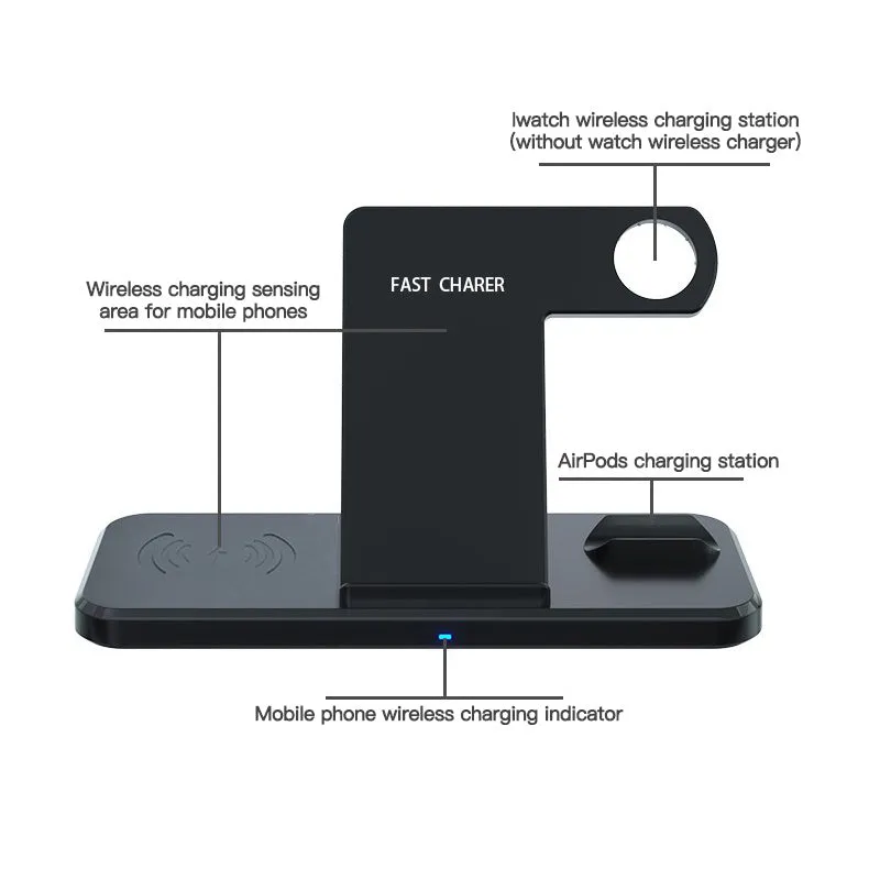Black universal three-in-one bracket wireless charger with indicator light and multiple devices