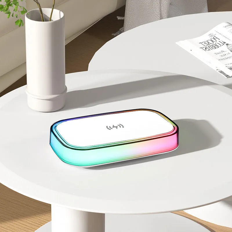White 15W wireless charger with touch night lamp on a table, 181x111x38mm, ABS PP silicone construction