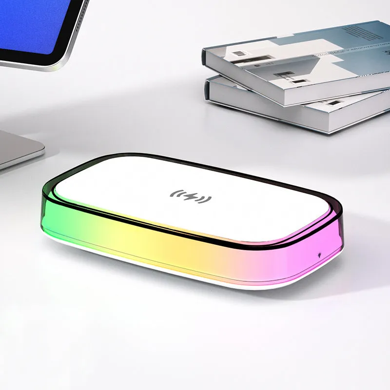 White 15W wireless charger with touch night lamp on a table, 181x111x38mm, ABS PP silicone construction