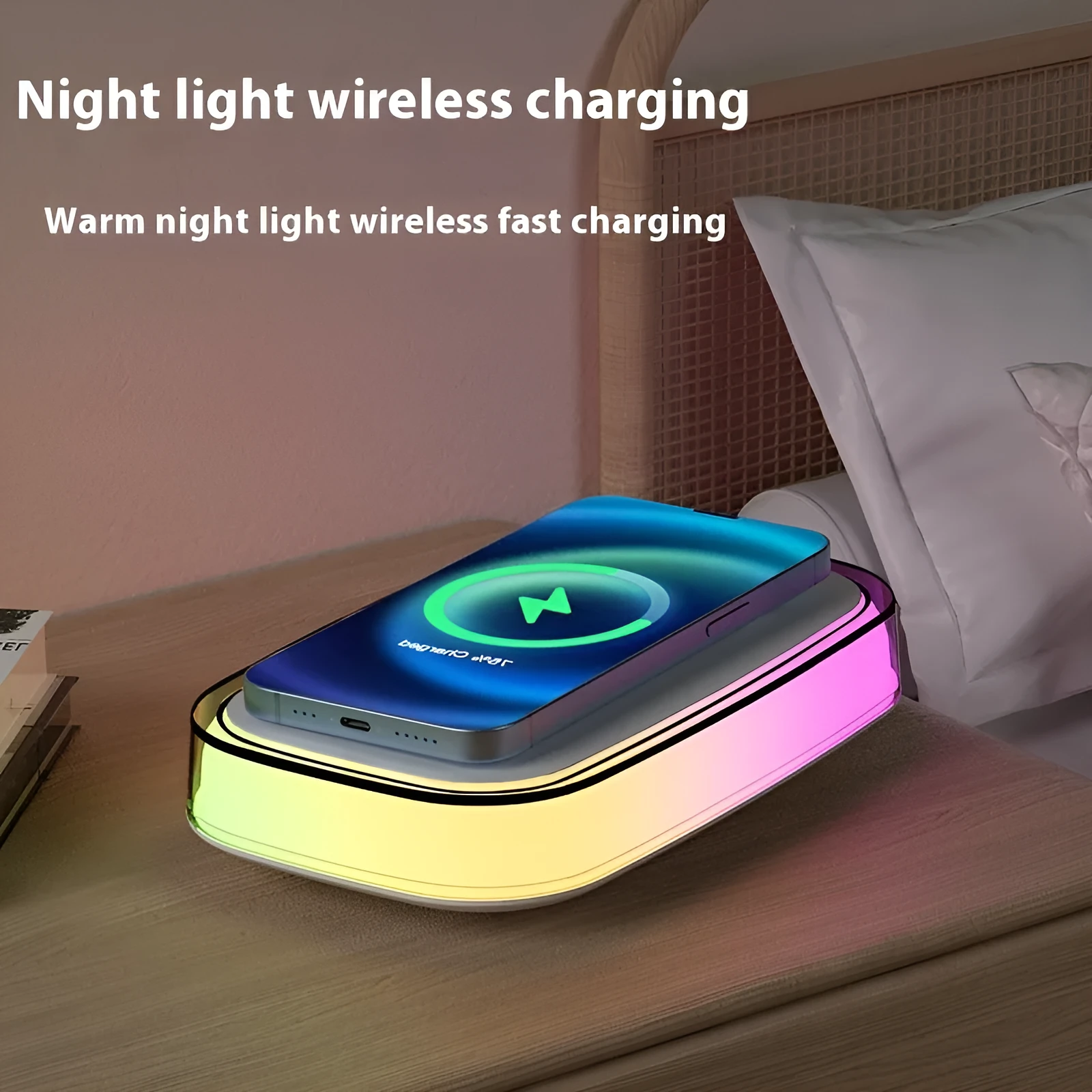 White 15W wireless charger with touch night lamp on a table, 181x111x38mm, ABS PP silicone construction