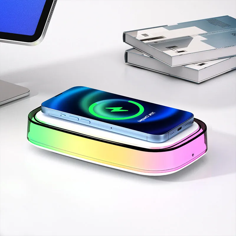 White 15W wireless charger with touch night lamp on a table, 181x111x38mm, ABS PP silicone construction