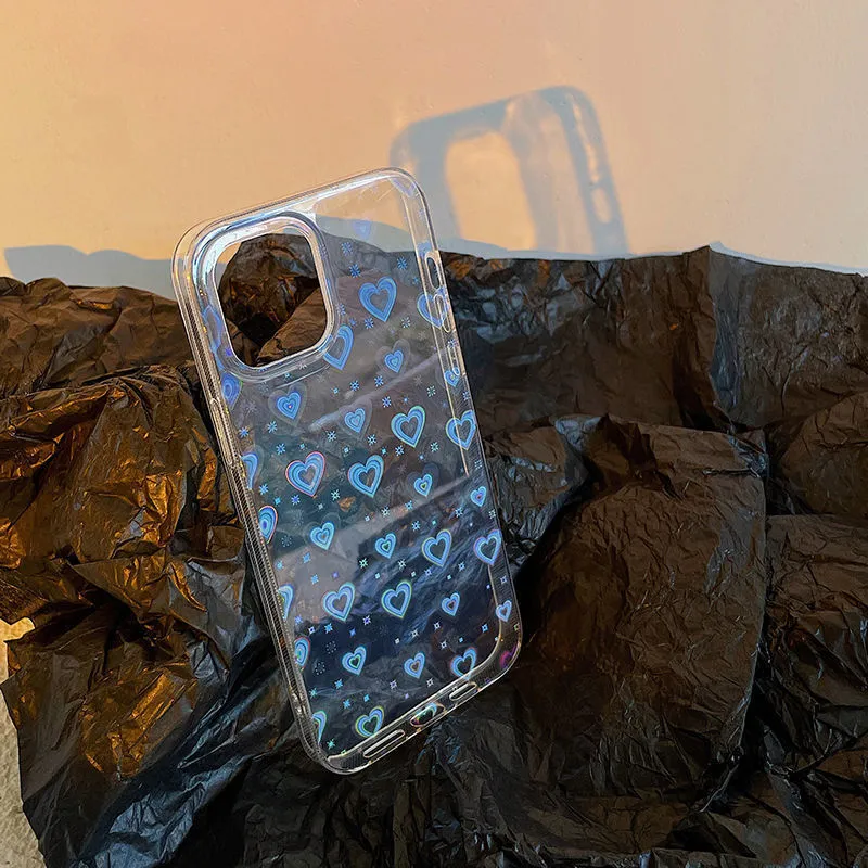 Transparent phone back cover with laser-etched colourful double love design, compatible with multiple iPhone models