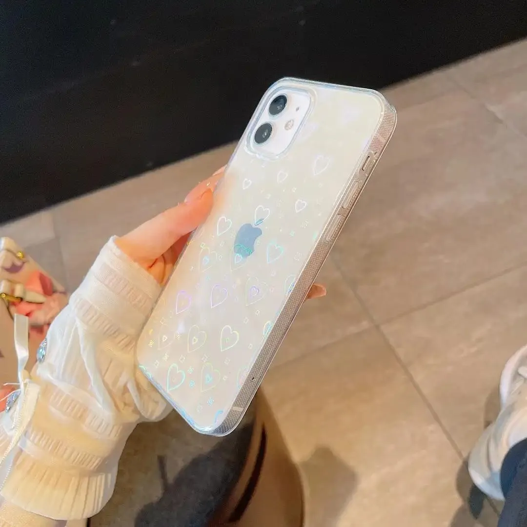 Transparent phone back cover with laser-etched colourful double love design, compatible with multiple iPhone models