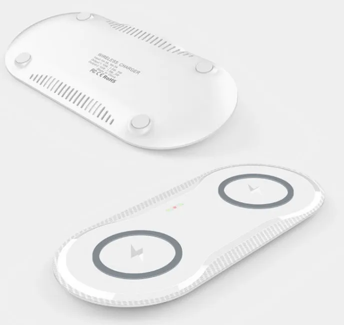 Black and white dual wireless charging pad showing two phone charging positions with Type-C cable
