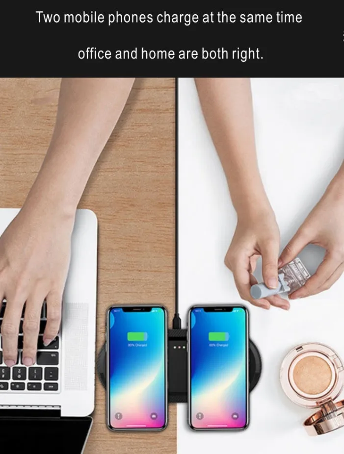 Black and white dual wireless charging pad showing two phone charging positions with Type-C cable