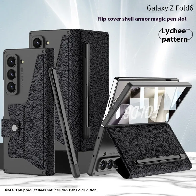 Galaxy Z Fold 6 PC phone case in black carbon fibre pattern showing back cover with hinge cutout