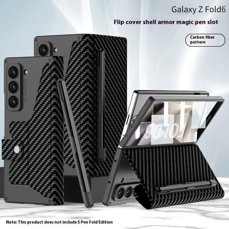 Galaxy Z Fold 6 PC phone case in black carbon fibre pattern showing back cover with hinge cutout