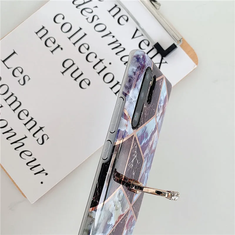 Electroplating mosaic marble ring phone case for Huawei – grid pattern, flexible TPU back cover with ring, six colour options