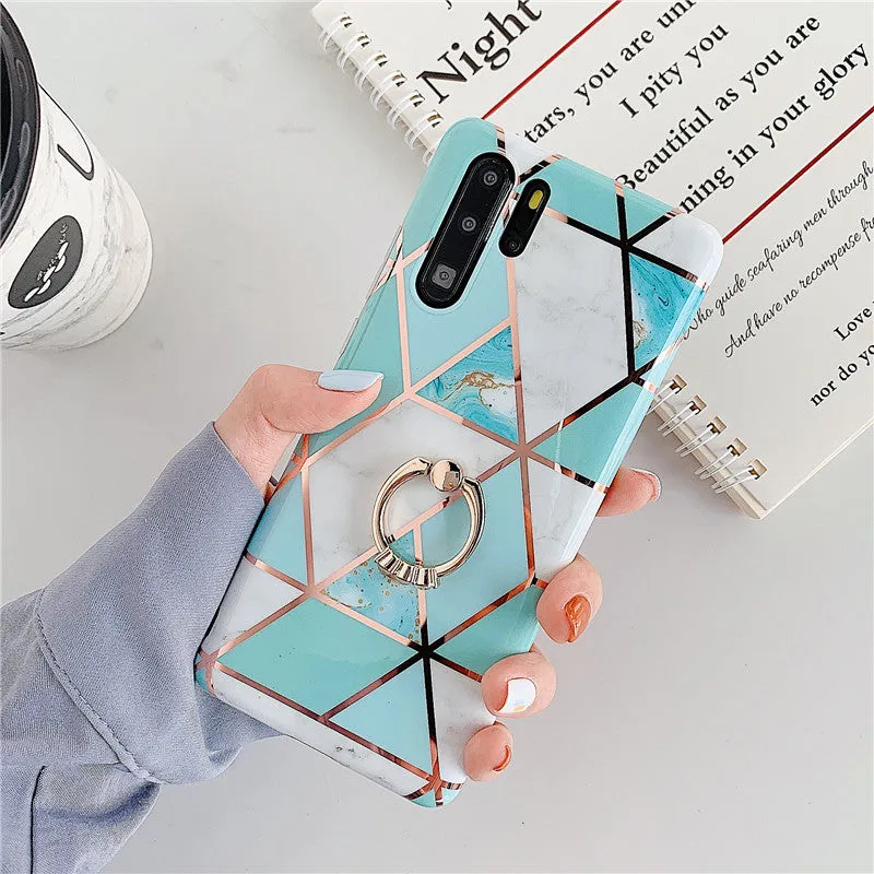 Electroplating mosaic marble ring phone case for Huawei – grid pattern, flexible TPU back cover with ring, six colour options