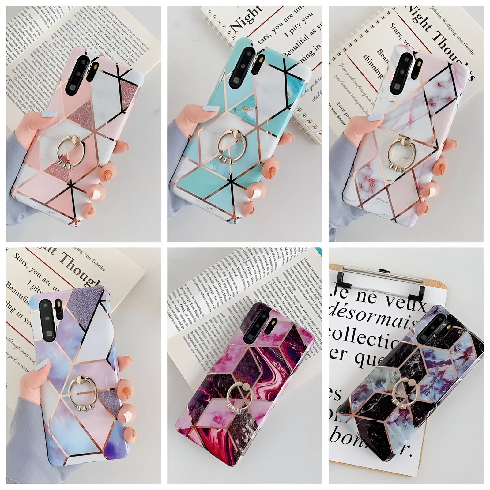 Electroplating mosaic marble ring phone case for Huawei – grid pattern, flexible TPU back cover with ring, six colour options