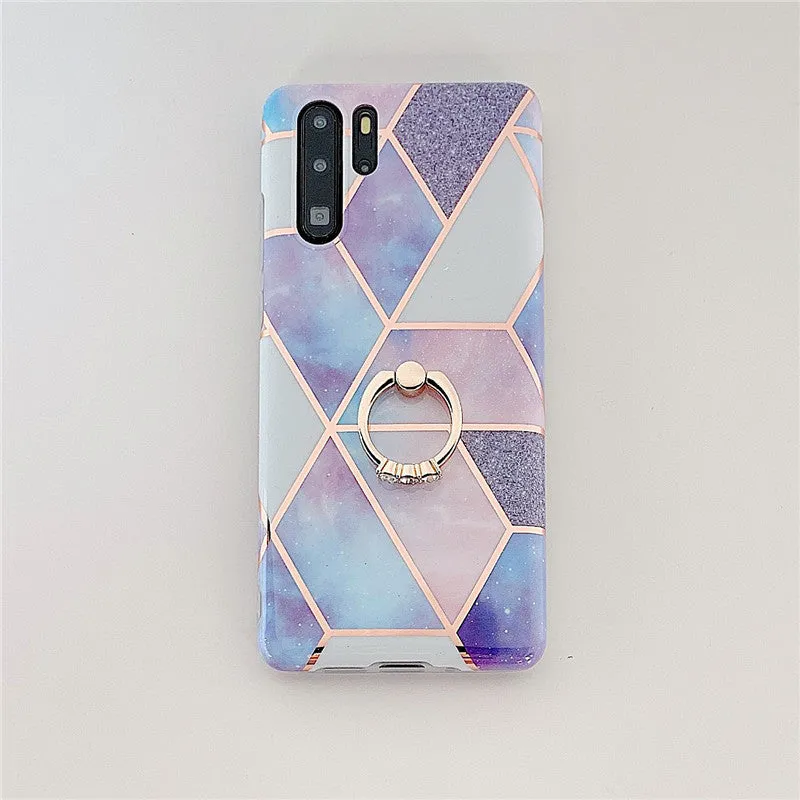 Electroplating mosaic marble ring phone case for Huawei – grid pattern, flexible TPU back cover with ring, six colour options