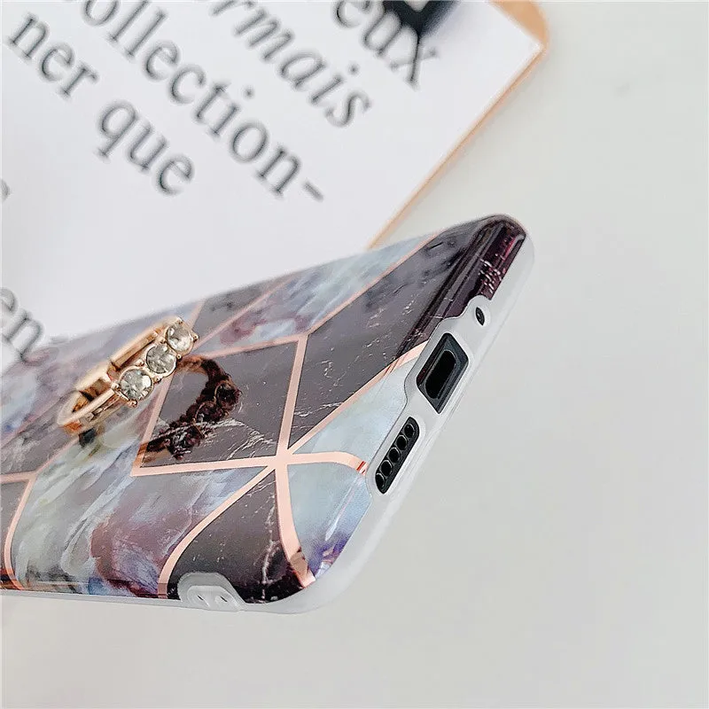 Electroplating mosaic marble ring phone case for Huawei – grid pattern, flexible TPU back cover with ring, six colour options
