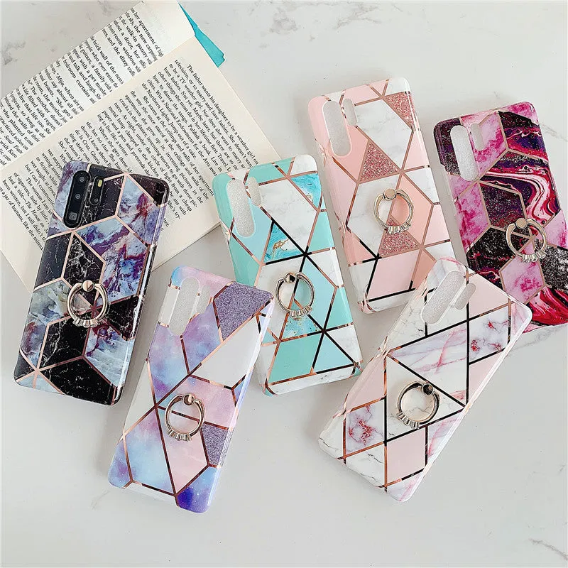 Electroplating mosaic marble ring phone case for Huawei – grid pattern, flexible TPU back cover with ring, six colour options